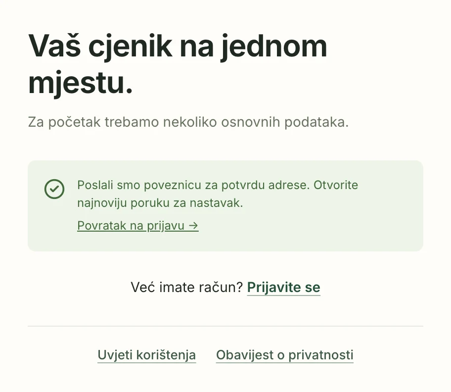 Poruka da je poslana poveznica za potvrdu adrese