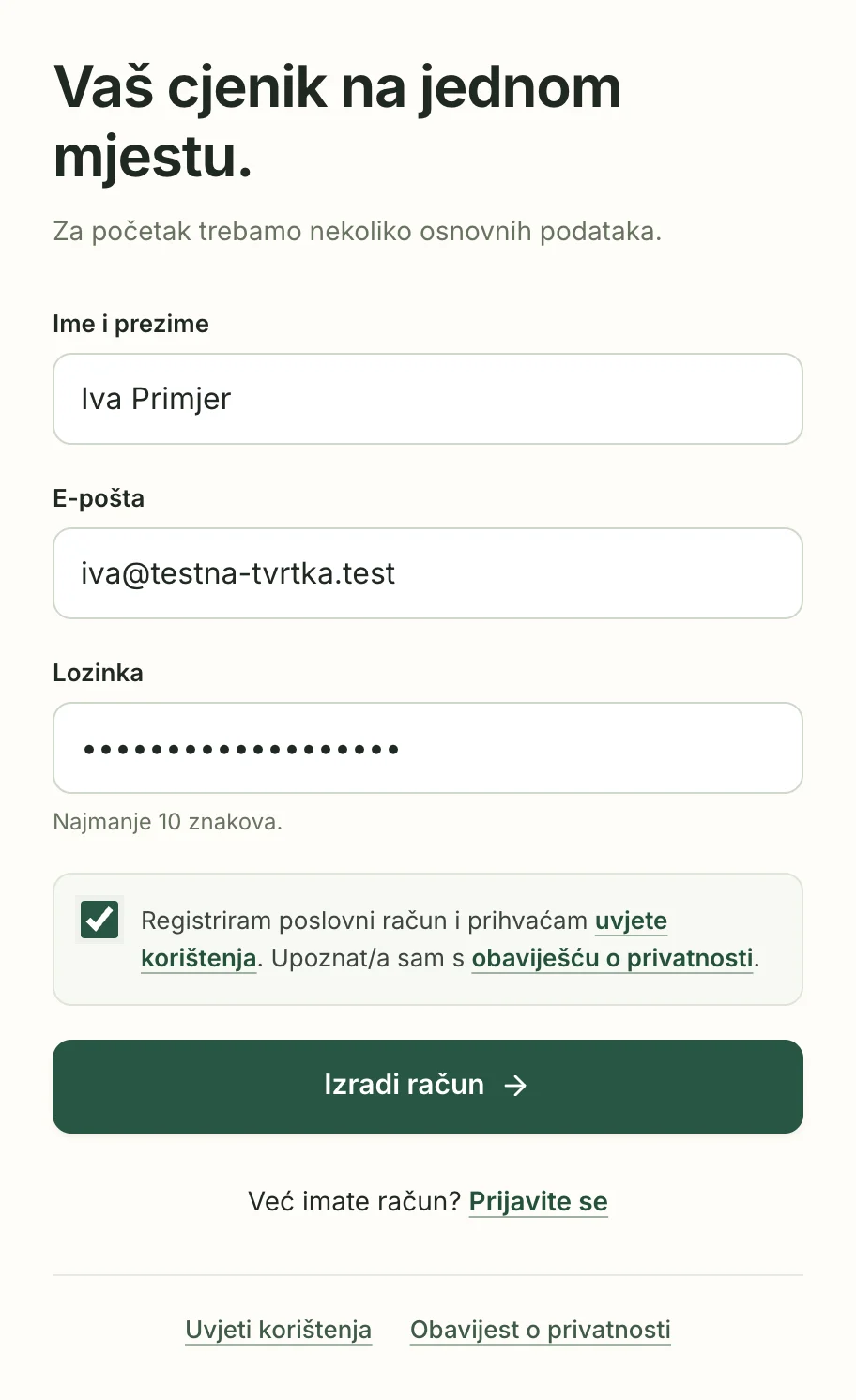 Obrazac za registraciju s popunjenim imenom, e-poštom i lozinkom