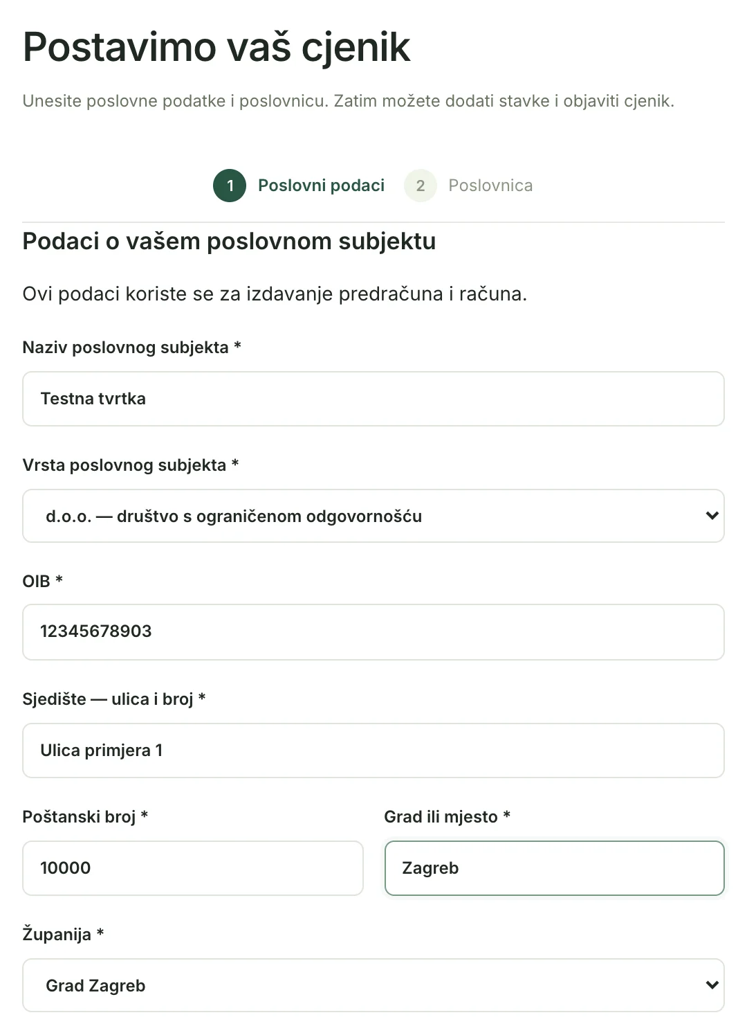 Prvi korak obrasca s podacima Testne tvrtke
