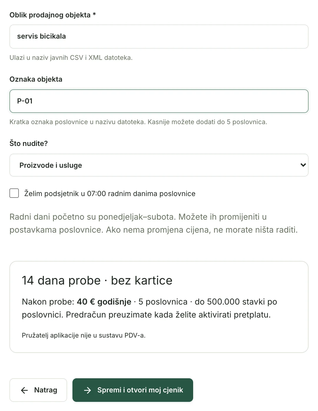Donji dio koraka Poslovnica s oblikom objekta, oznakom i gumbom za spremanje