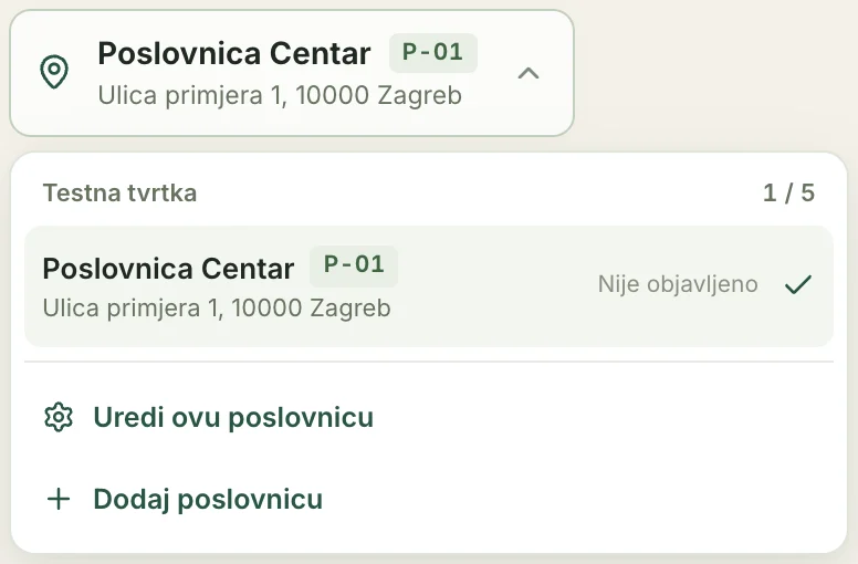 Otvoren izbornik poslovnica s mogućnostima uređivanja i dodavanja