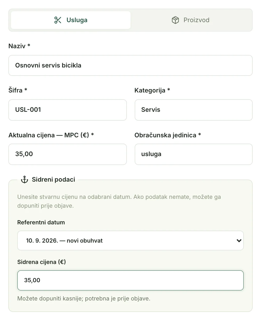 Obrazac Nova stavka s popunjenom uslugom Osnovni servis bicikla