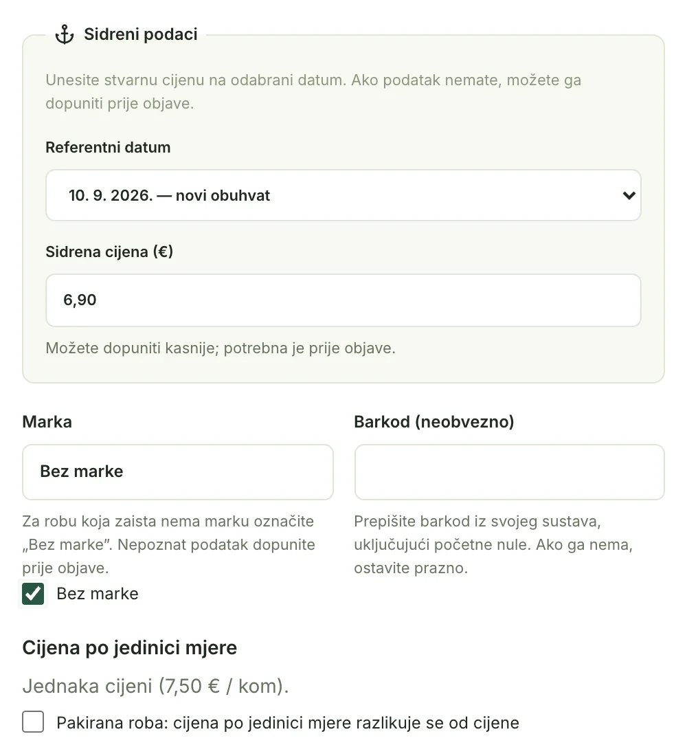 Donji dio obrasca proizvoda sa sidrenim podacima, markom, barkodom i cijenom po jedinici mjere