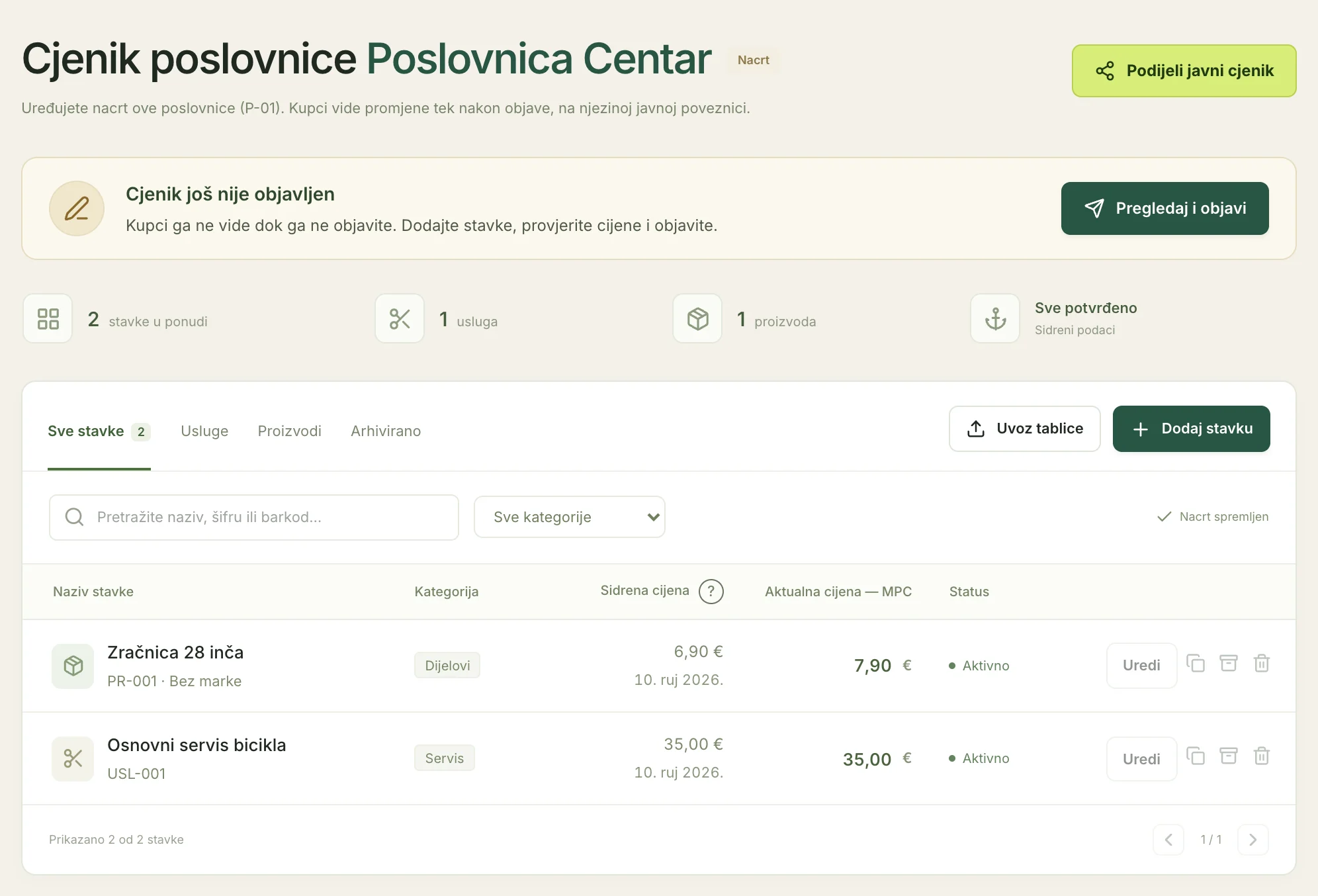 Popis s dvije stavke i gumbom Uredi u retku zračnice