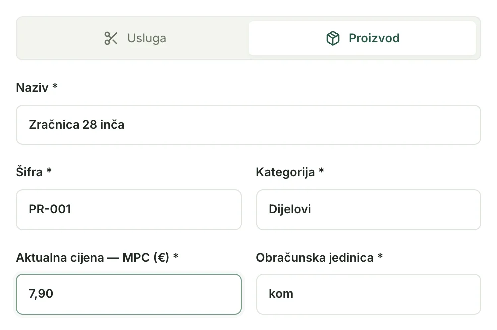 Obrazac Uredi stavku s novom cijenom 7,90