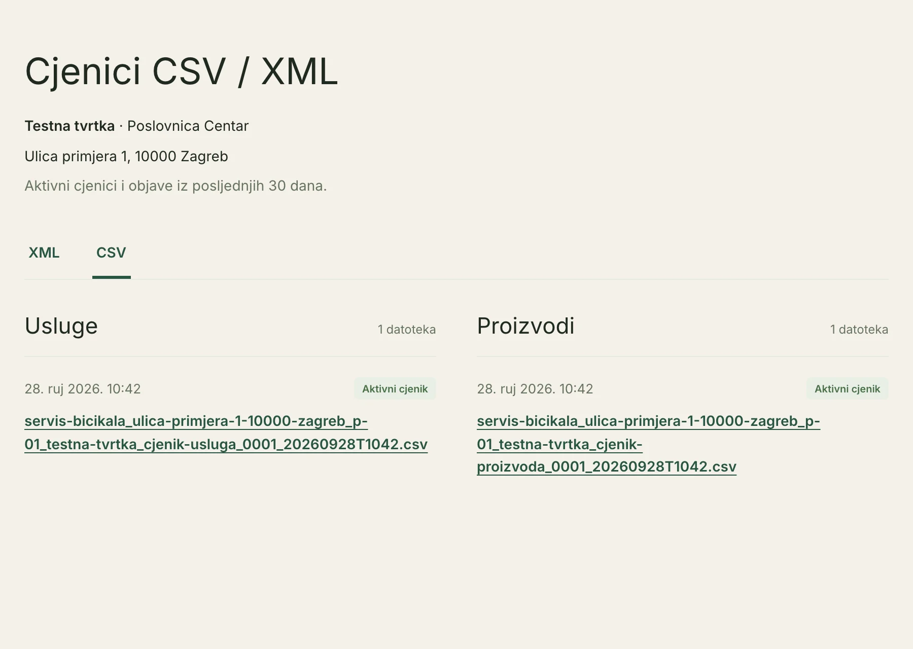 Stranica Cjenici CSV / XML Testne tvrtke s datotekama usluga i proizvoda