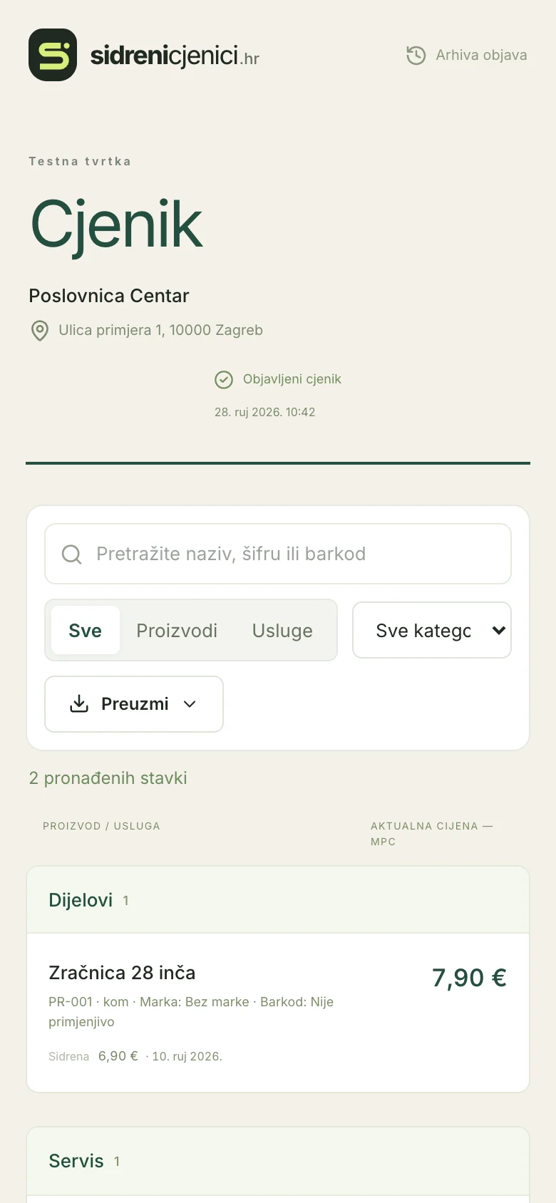 Javni cjenik Testne tvrtke na mobitelu
