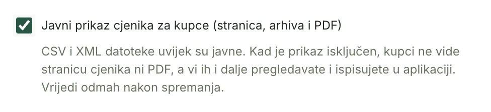 Uključena oznaka javnog prikaza cjenika s objašnjenjem