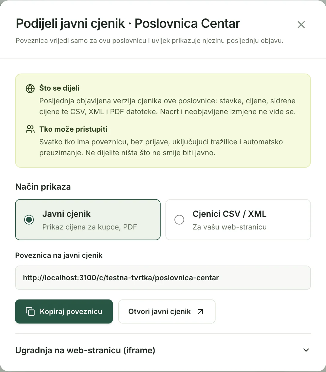 Dijalog Podijeli javni cjenik s odabranim načinom Javni cjenik