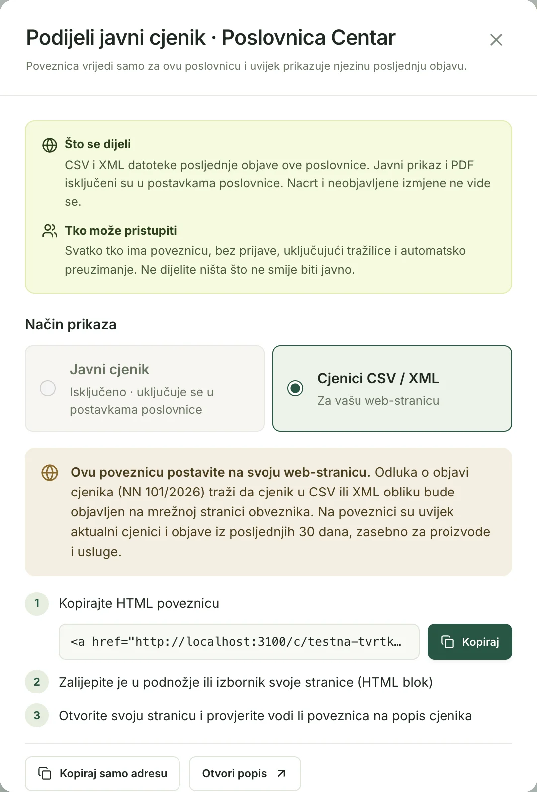 Dijalog Podijeli javni cjenik u zadanom načinu Cjenici CSV / XML