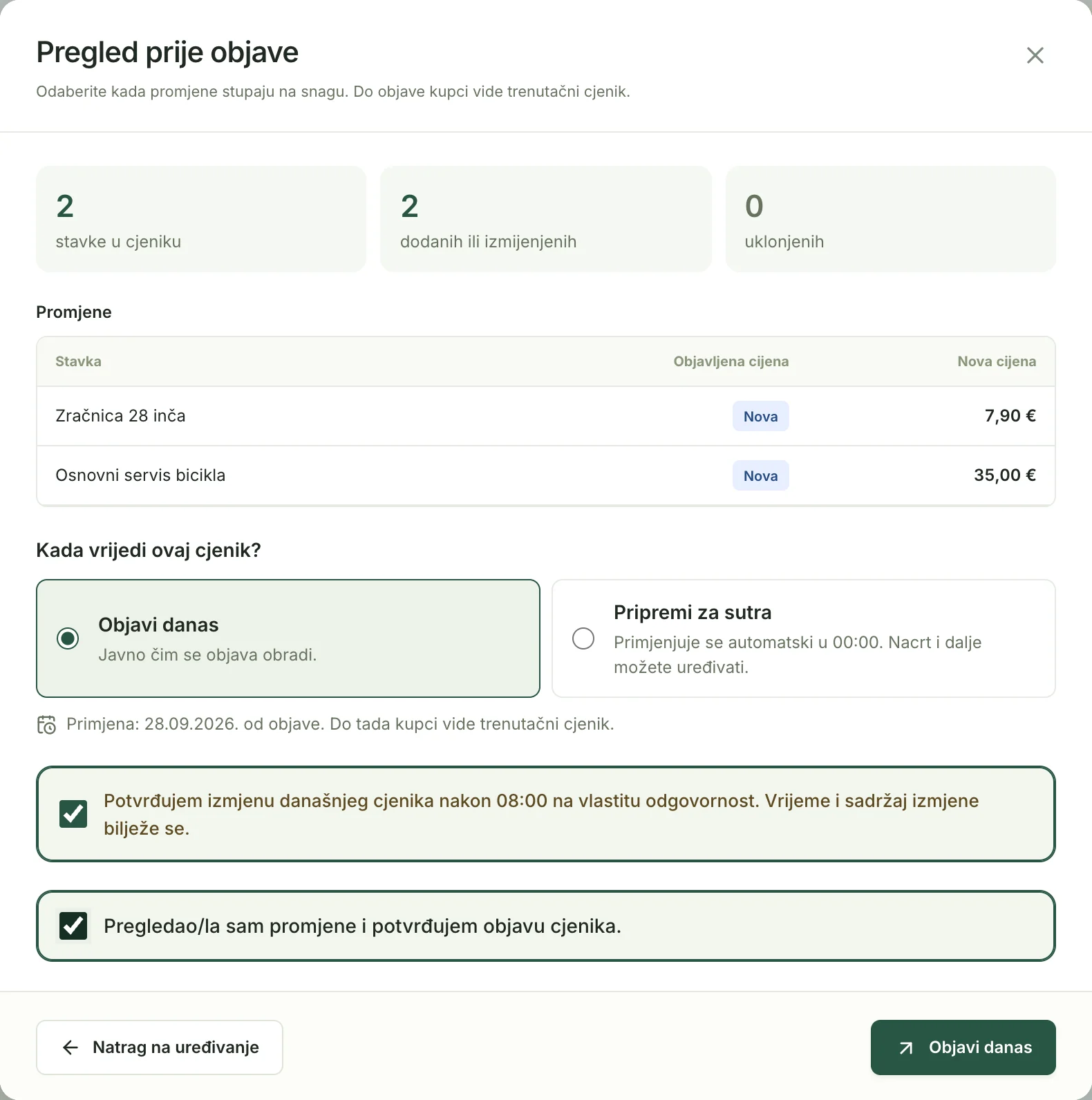 Dijalog Pregled prije objave s dvije nove stavke i označenim potvrdama