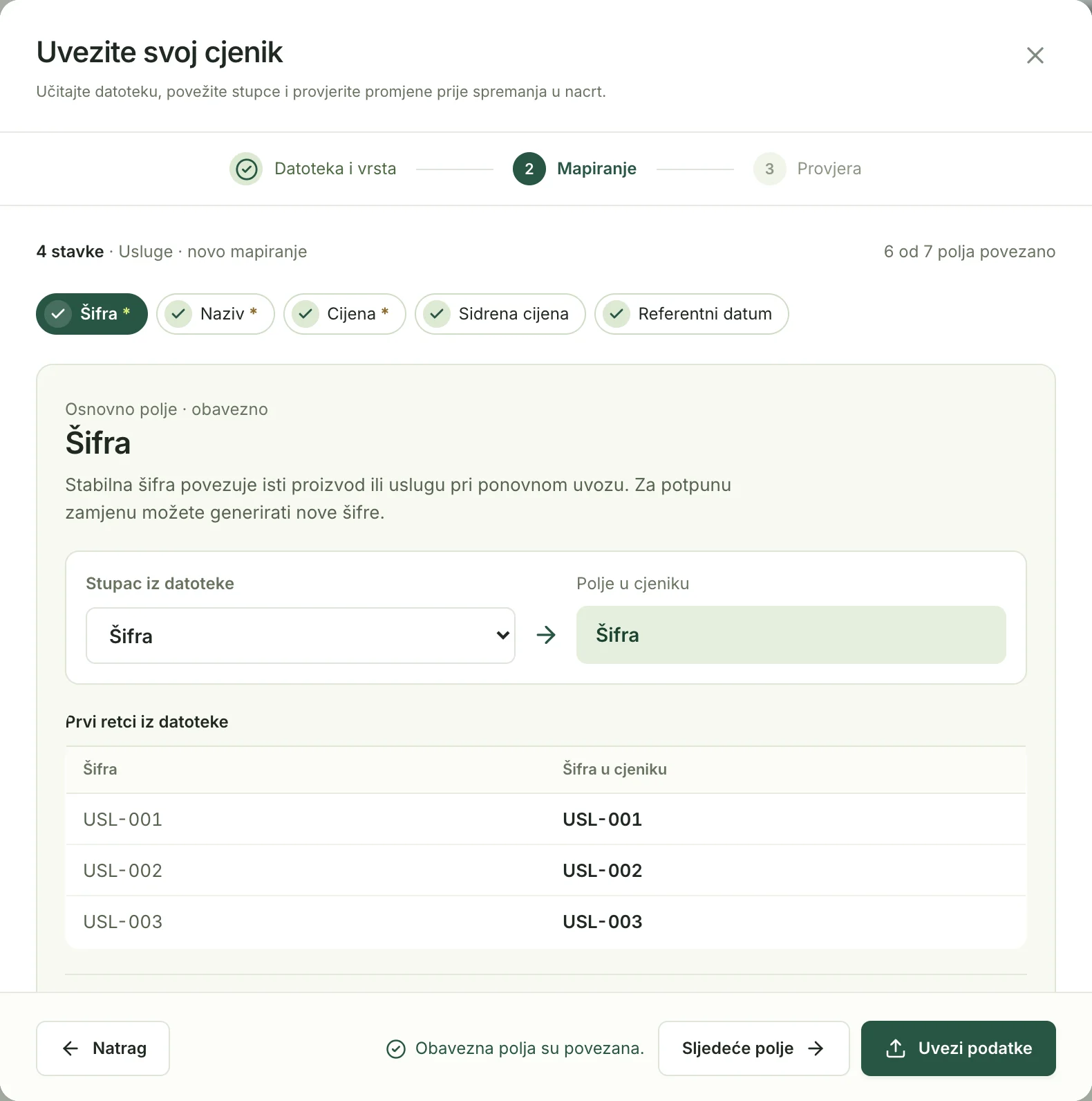 Korak Mapiranje s povezanim poljem Šifra i prvim retcima datoteke