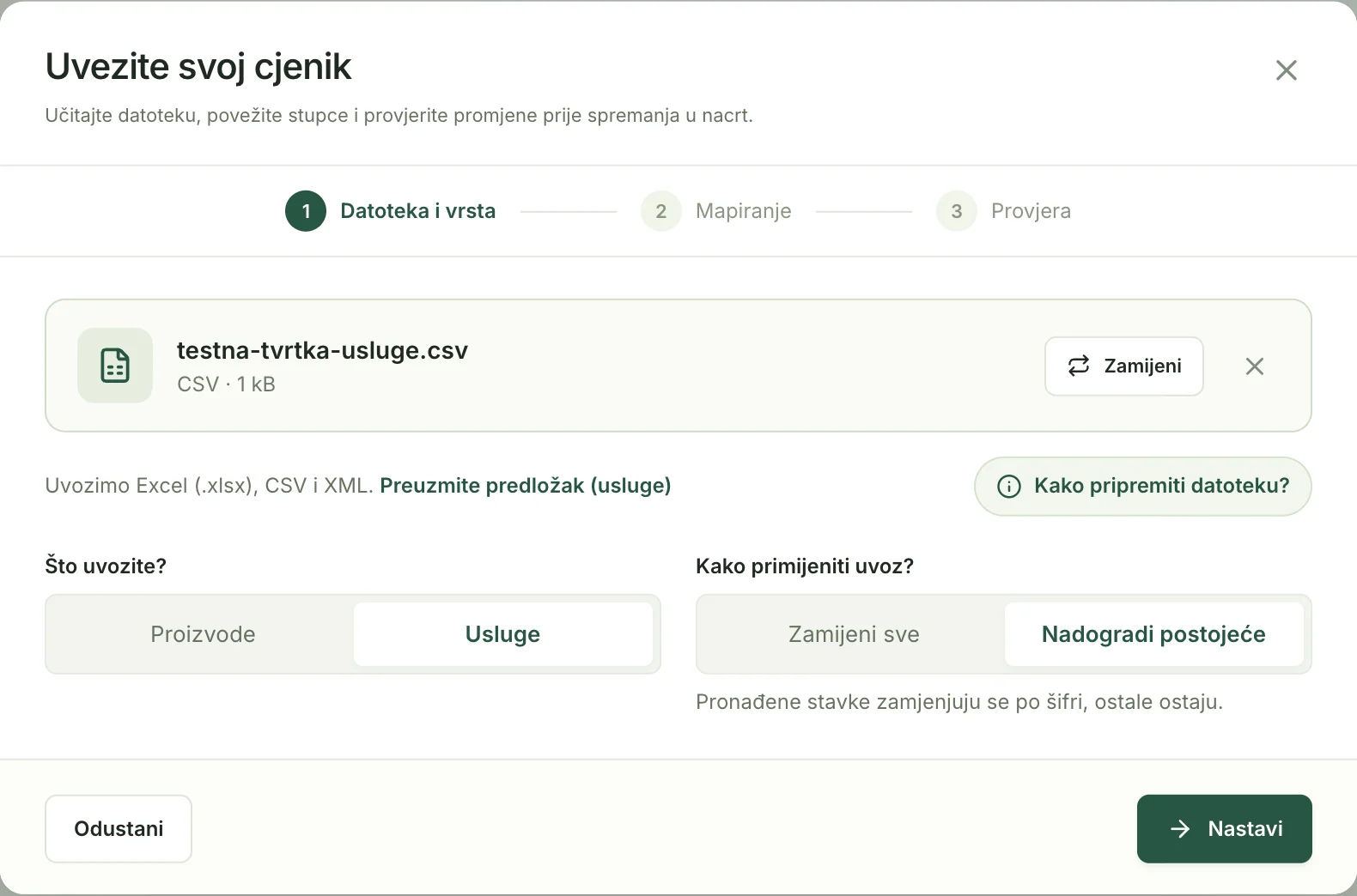Prvi korak uvoza s učitanom datotekom usluga i odabranim načinom uvoza