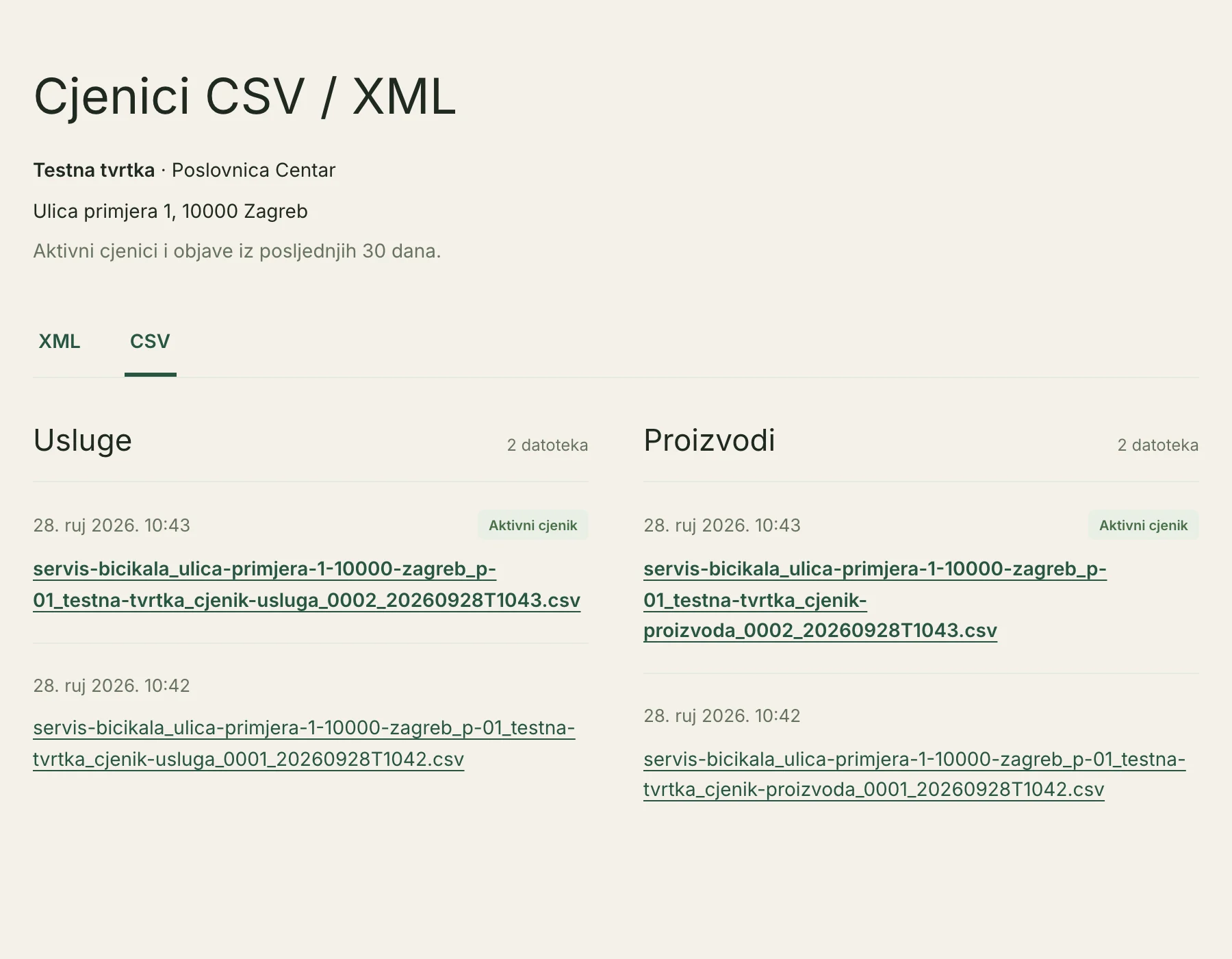 Stranica Cjenici CSV / XML s datotekama usluga i proizvoda