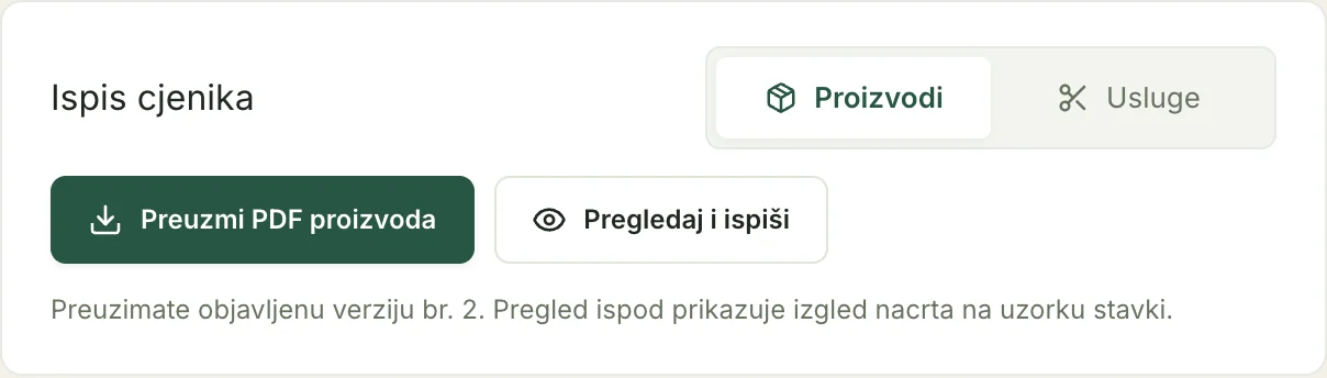 Odjeljak Ispis cjenika s gumbom Preuzmi PDF proizvoda