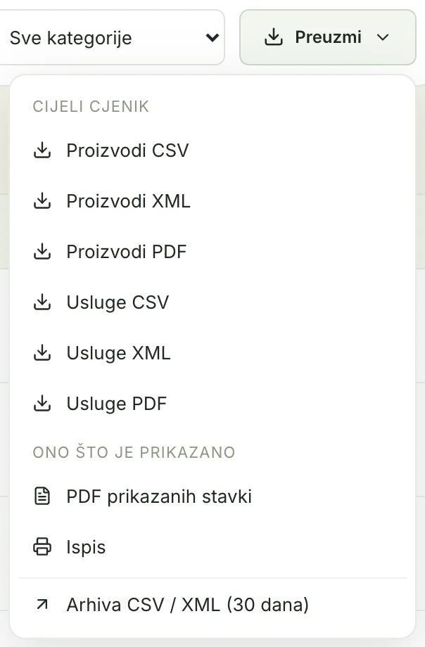 Otvoren izbornik Preuzmi s CSV, XML i PDF datotekama za proizvode i usluge